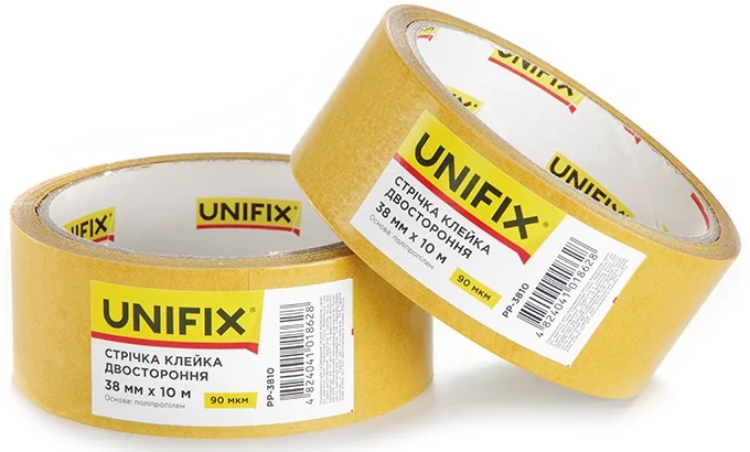 Стрічка клейка двостороння на поліпропіленовій основі 10 м 38 мм 90 мкм Unifix (PP-3810)
