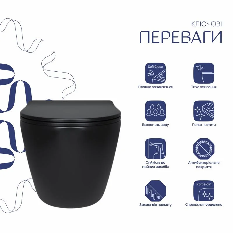 Унітаз підвісний Qtap Robin New Ultra Quiet QT13332381АSMB Чорний (Soft-close) - фото 3