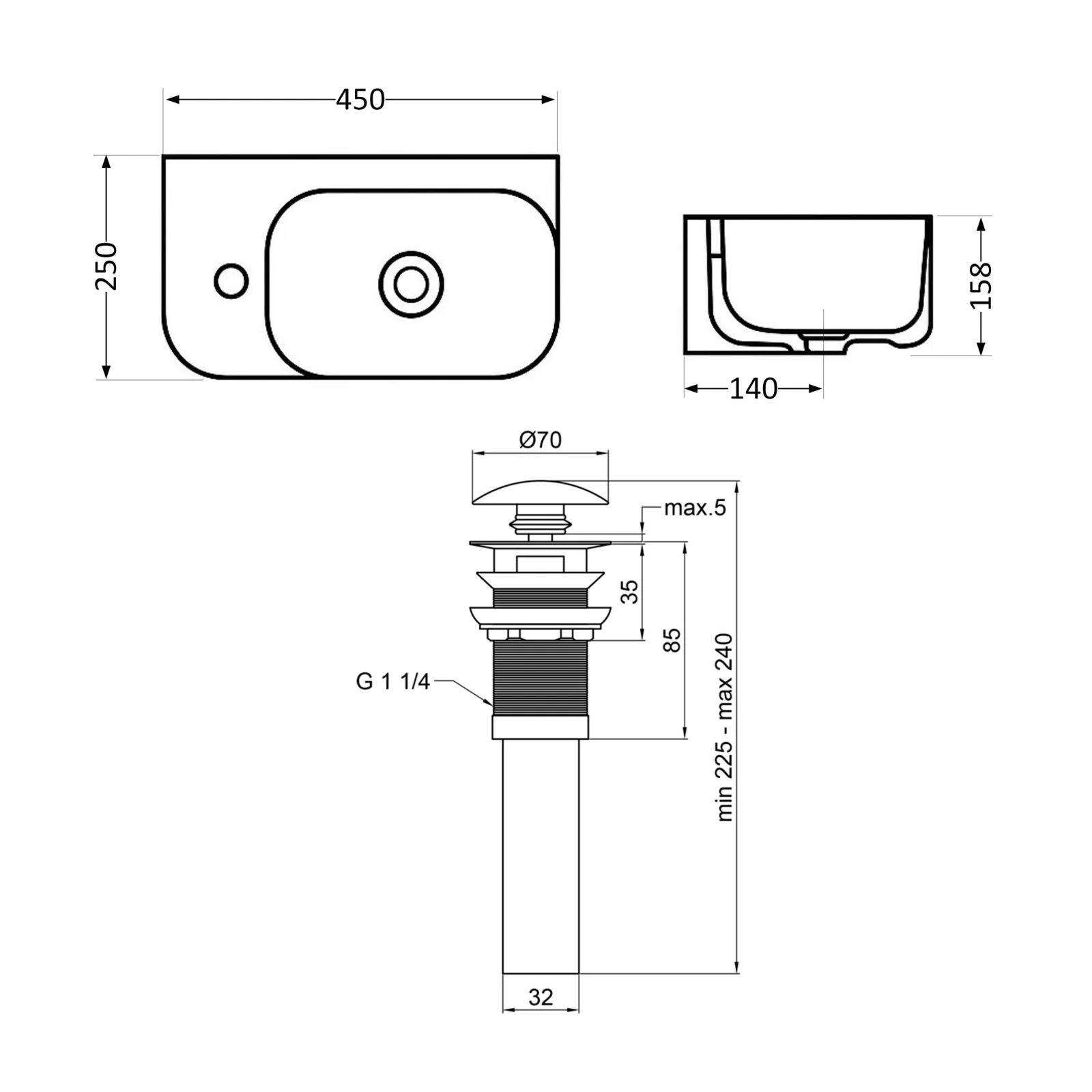 Раковина подвесная прямоугольная левая Qtap Tern 450х250х158 мм White с донным клапаном PU02O - фото 2