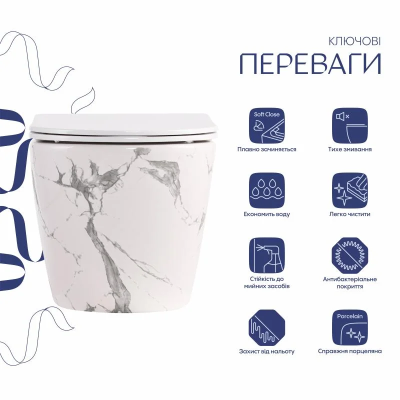 Унітаз підвісний Qtap Robin Ultra Quiet QTROB26MR48998 Мармур (Slim, Duroplast, Soft-close, Quick Release) - фото 3