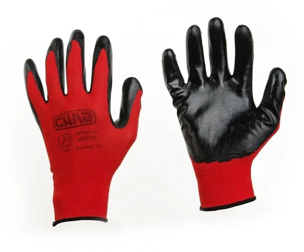 Рукавички з нітриловим покриттям Р10 (червоний+чорний манжет без підвіса/хедера) Сила (481212)