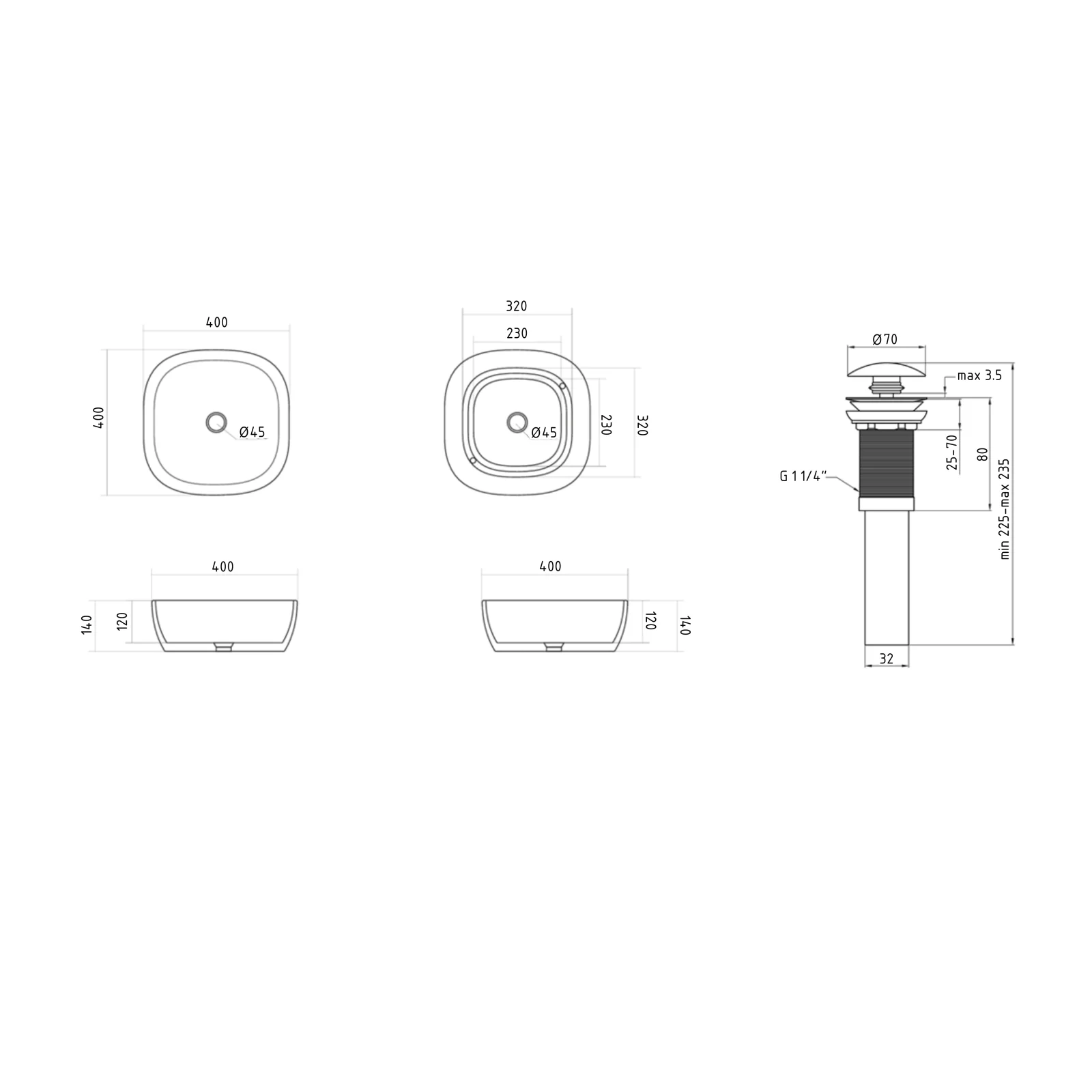 Раковина накладная Qtap Kolibri 400x400x140 мм, White, квадратная с донным клапаном Pop-up PU02 - фото 2