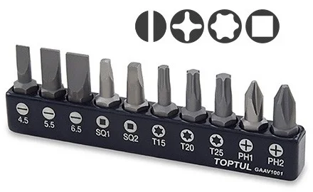 Набір біт 1/4" PH,SL,TORX,SQ 10 од. Toptul (GAAV1001)