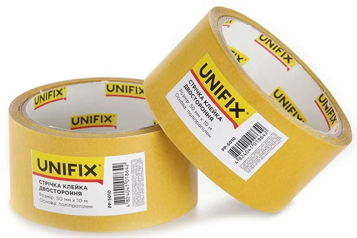 Стрічка клейка двостороння на поліпропіленовій основі 10 м 50 мм 90 мкм Unifix (PP-5010)