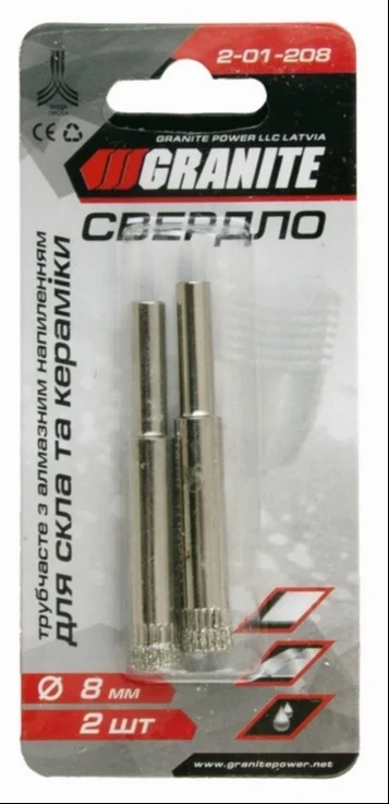 Свердло трубчасте з алмазним напиленням для скла та кераміки Ø 8 мм 2 шт Granite (2-01-208)