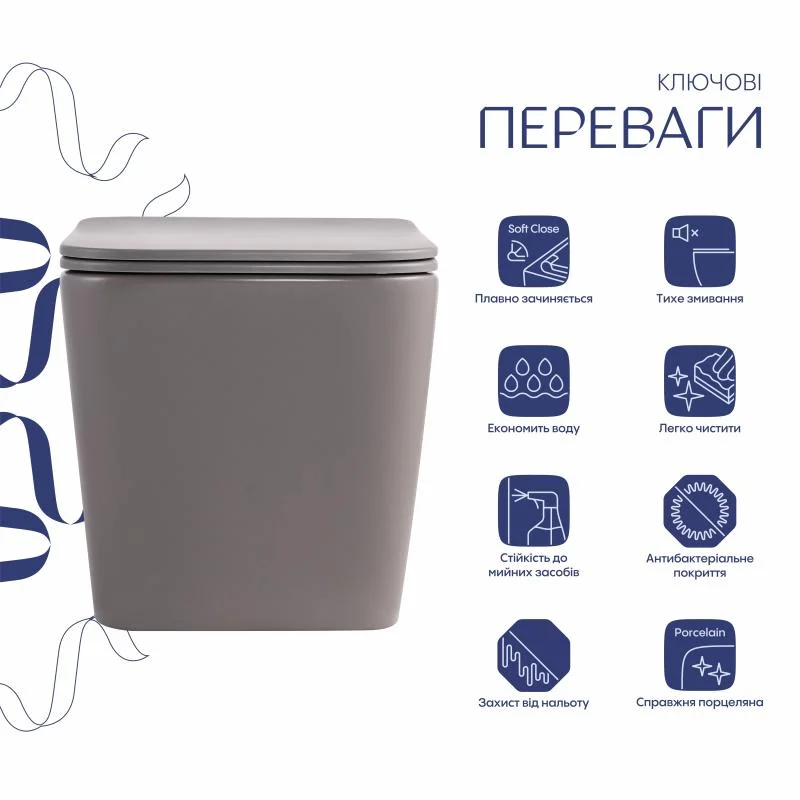 Унітаз підвісний Qtap Tern Ultra Quiet QTTER26SG49000 Кам’яно-сірий (Slim, Duroplast, Soft-close, Quick Release) - фото 3