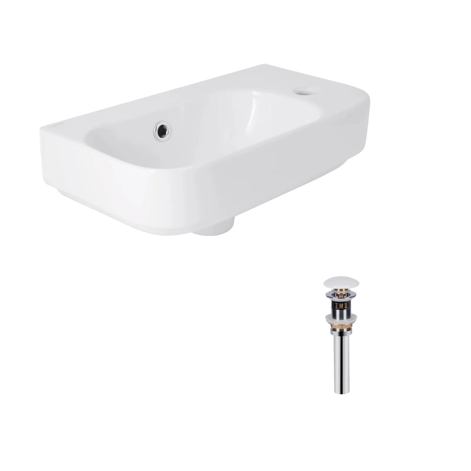 Раковина подвесная прямоугольная правая Qtap Tern 450х250х158 мм White с донным клапаном PU02O