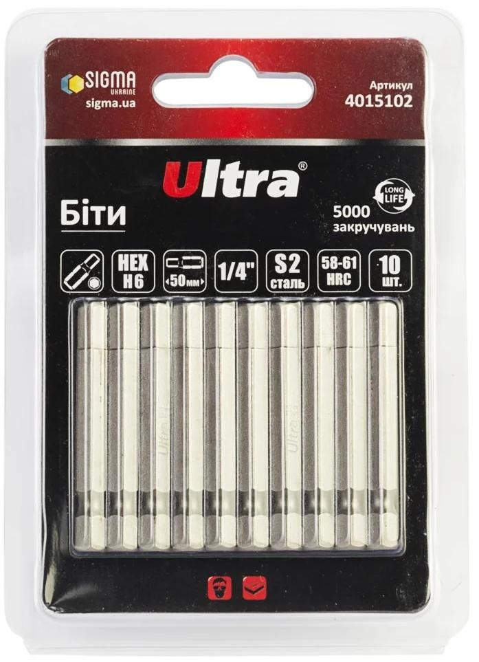 Біта 1/4" L50мм HEX Н6 (10 шт.) Ultra (4015102)