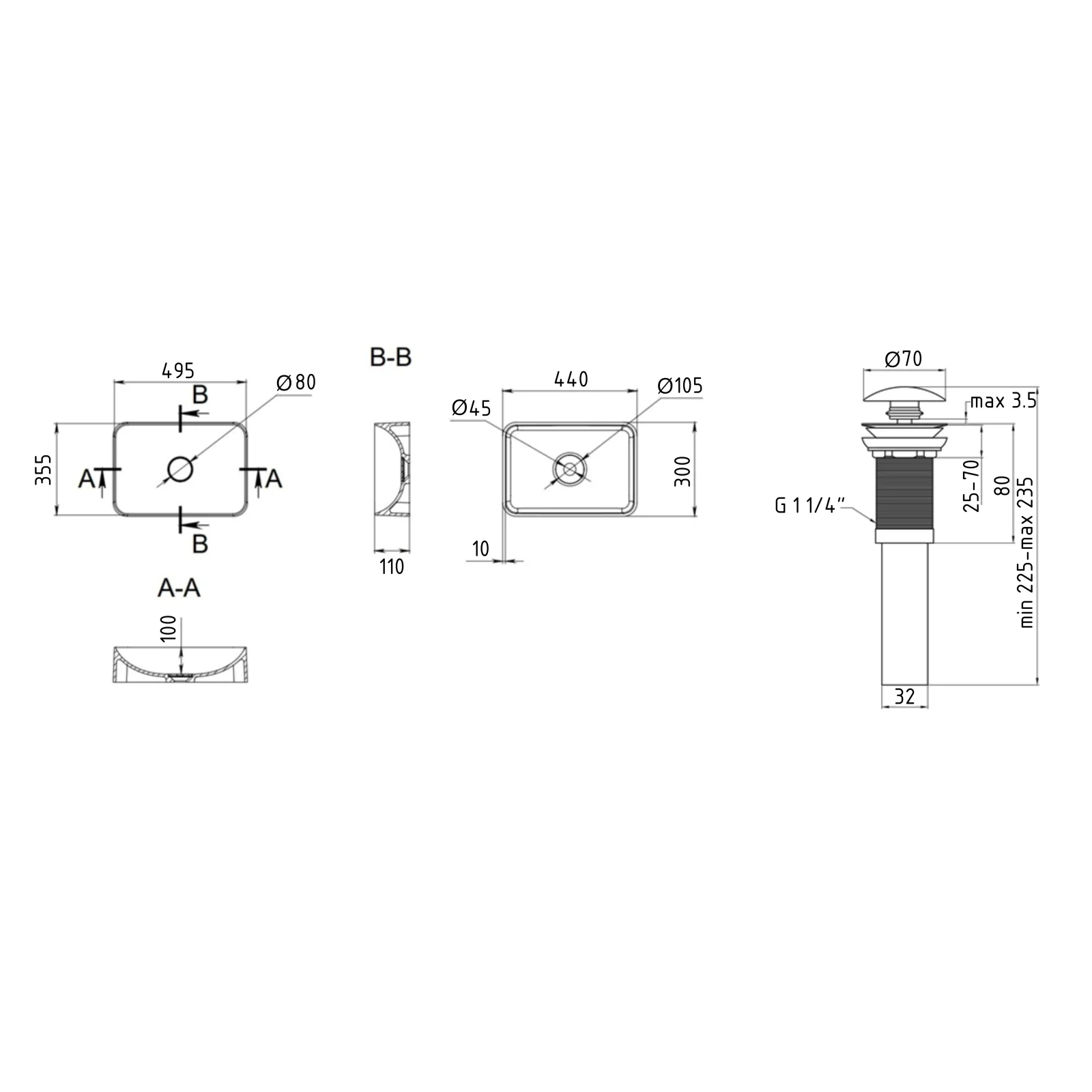 Раковина накладная прямоугольная Qtap Virgo 490х350х110 мм White с донным клапаном PU02 - фото 2