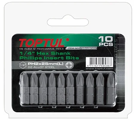 Набір біт 1/4" PH2 L=25мм 10од. Toptul (FSBA0802G)