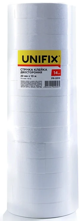 Стрічка клейка двостороння на паперовій основі 10 м 20 мм (туба 14 шт) Unifix (PR-2010)