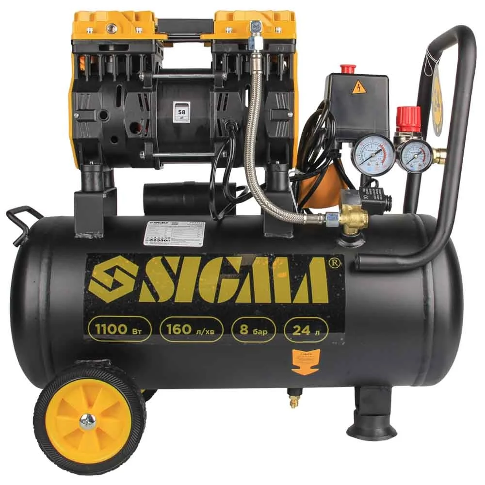 Компрессор двухцилиндровый безмасляный 1.1кВт 160л/мин 24л Sigma (7042521) - фото 4