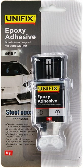 Клей епоксидний двокомпонентний для металу шприц 6 г Unifix Сірий (940029)