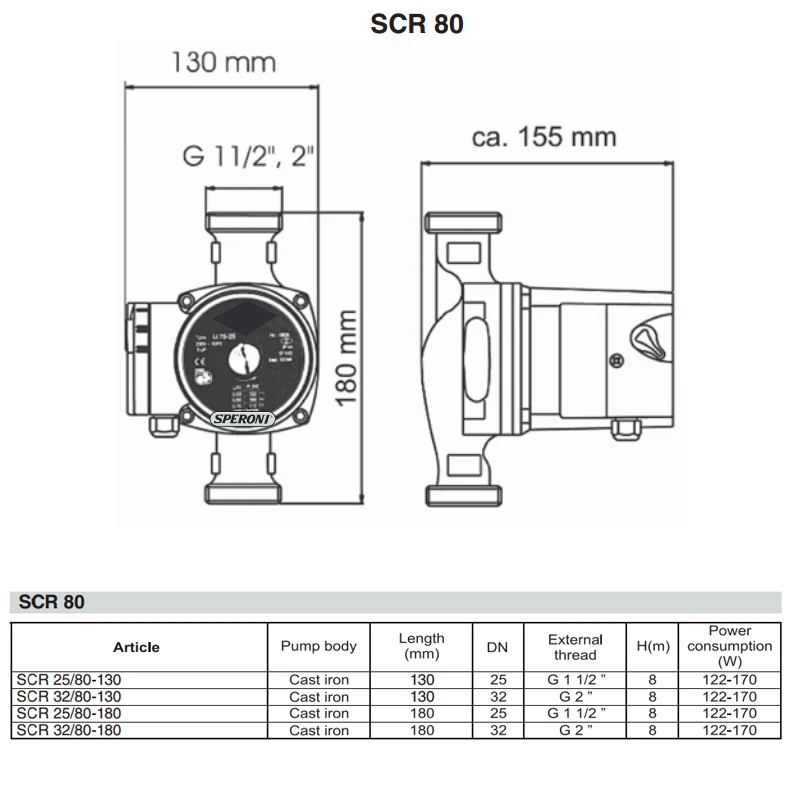 Циркуляційний насос SPERONI SCR 25/80-180 - фото 3