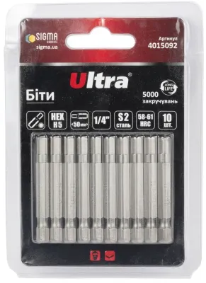 Бита 1/4" L50мм HEX Н5 (10 шт.) Ultra (4015092)