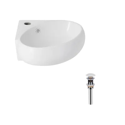 Раковина подвесная угловая овальная Qtap Leo N 380x360x130 мм WHITE с донным клапаном PU02O