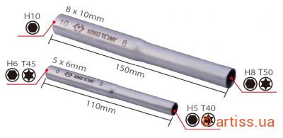 Фото подовжувач для шестигранних г-подібних ключів 5 х 6 мм + 8 х 10 мм (2 шт) king tony (20002ub)