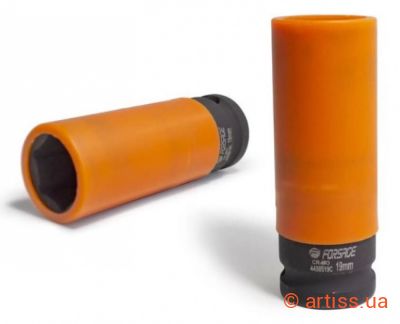 Фото ударна глибока торцева головка 6-гранна 19 мм 1/2" для литих дисків в захисному кожусі forsage (f-4458519c)