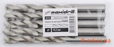 Фото свердло по металу р6m5 з циліндричним хвостовиком maxidrill 0.8 мм (упаковка 10 шт.) (100-008)