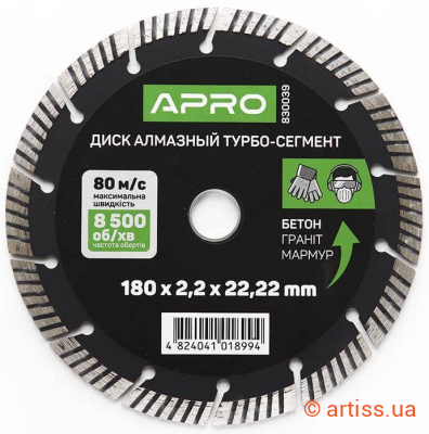 Фото диск відрізний до бетону 180х2,2х22,22мм (22-24%) турбо-сегмент apro (830039)