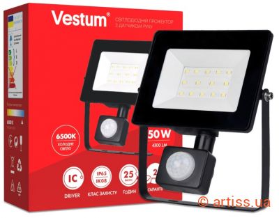 Купити Vestum LED з датчиком руху 50W 4300Лм 6500K прожектор Фото прожектор світлодіодний з датчиком руху 50w 4300лм 6500k vestum (1-vs-3012)