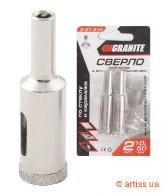 Фото свердло трубчасте з алмазним напиленням для скла та кераміки ø 10 мм l50мм 2 шт granite (2-01-210)