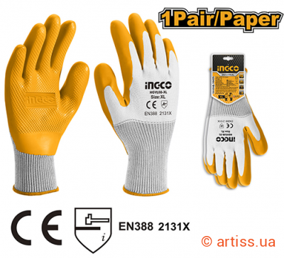 Фото рукавички з латексним покриттям industrial, xl ingco (hgvl08-xl)