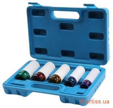 Фото набір ударних головок для литих дисків 15, 17, 19, 21, 22мм 1/2" кольорових viktec (vt13189)